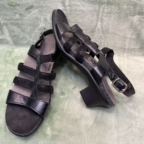 SAS ALLEGRO Sandal Women's 9.5 WIDE Heeled Strappy Black Orthopedic H7311921 - Picture 1 of 8